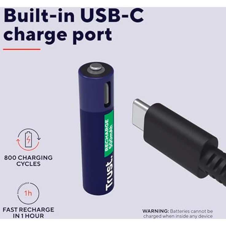 Trust USB-C Wiederaufladbare AAA Batterien, 4er-Pack mit 500 mAh, Schnellladung, grüner LED-Akkustatusanzeige, USB-Kabel enthalten – Bild 3