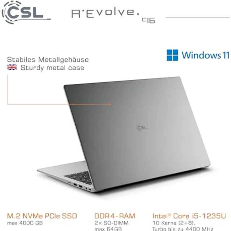 CSL R'Evolve C16, 16 Zoll Slim & Silent Laptop mit Intel Core i5-1235U, 32 GB RAM, 1000 GB SSD, WUXGA IPS Display, Windows 11 Home, USB 3.2, BT 5.2, AX WLAN – Bild 5