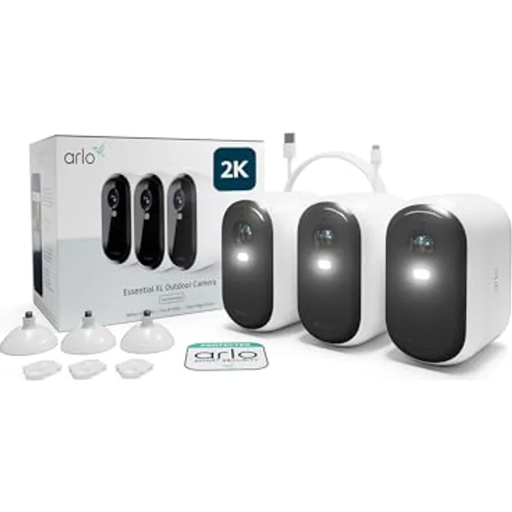 Arlo Essential 2 XL Überwachungskamera Aussen WLAN, 2K HD Video, Farbnachtsicht, Licht, Bewegungsmelder, Sirene, 2-Wege Audio + Arlo Secure Plan Testzeitraum, Weiß