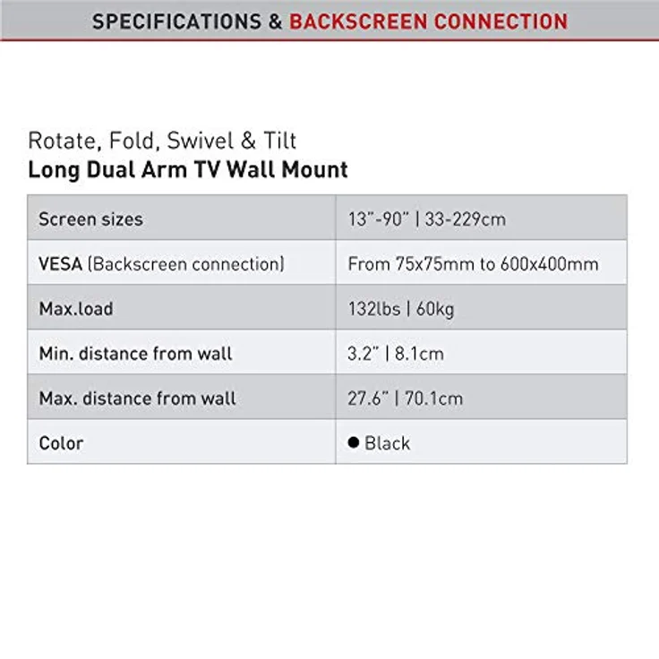 Barkan Long TV Wandhalterung, 13 - 90 Zoll Doppelarm, Schwenkbar / Vollbewegung flach & curved Fernseher TV Halterung, hält bis 60Kg, Extra stabil, für LED OLED LCD, Max. VESA 600x400 – Bild 5