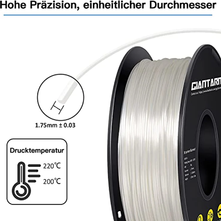 GIANTARM 3D Drucker Filament PLA 1,75 mm, hochpräzise Maßgenauigkeit +/- 0,03 mm, 1 kg Spule, glänzendes Weiß – Bild 2