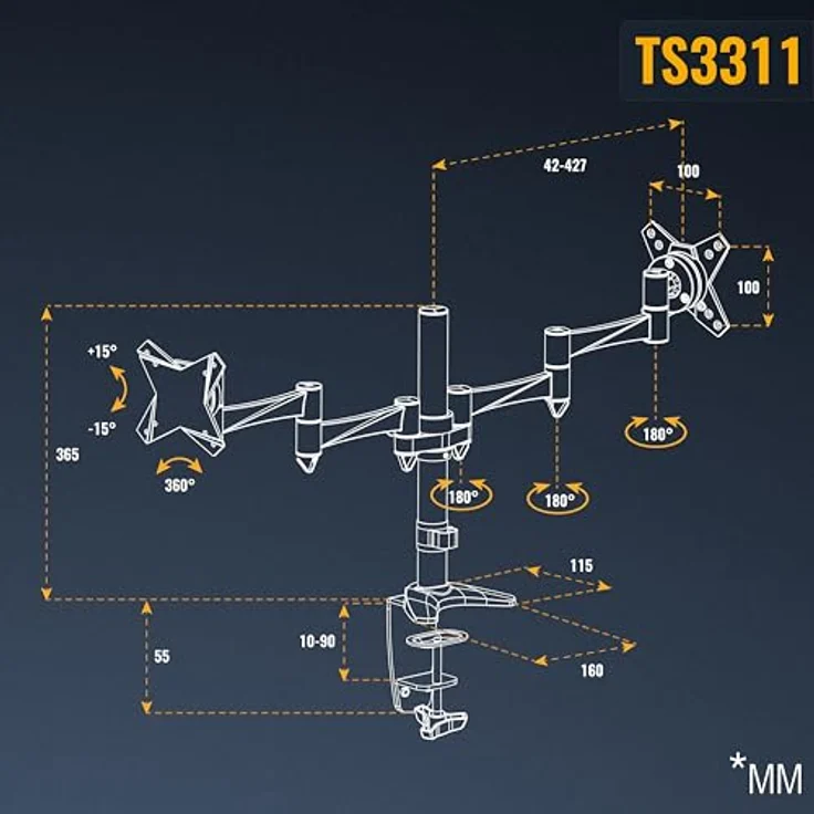 RICOO Monitor Tischhalterung für 2 Monitore Monitorhalterung TS3311 Monitorständer Schwenkbar Neigbar Höhenverstellbar Schreibtisch Bildschirmständer Tisch Ständer Monitorhalterungen VESA 75x75 100x100 / Silber – Bild 8