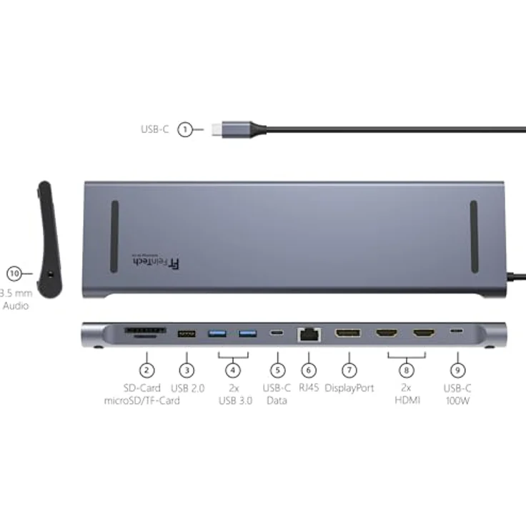 FeinTech CX301 USB-C Dockingstation 12-in-1 Triple Display mit 4K 60Hz, 2x HDMI, 1x DisplayPort, Gigabit Ethernet, 100W Power Delivery – Bild 3