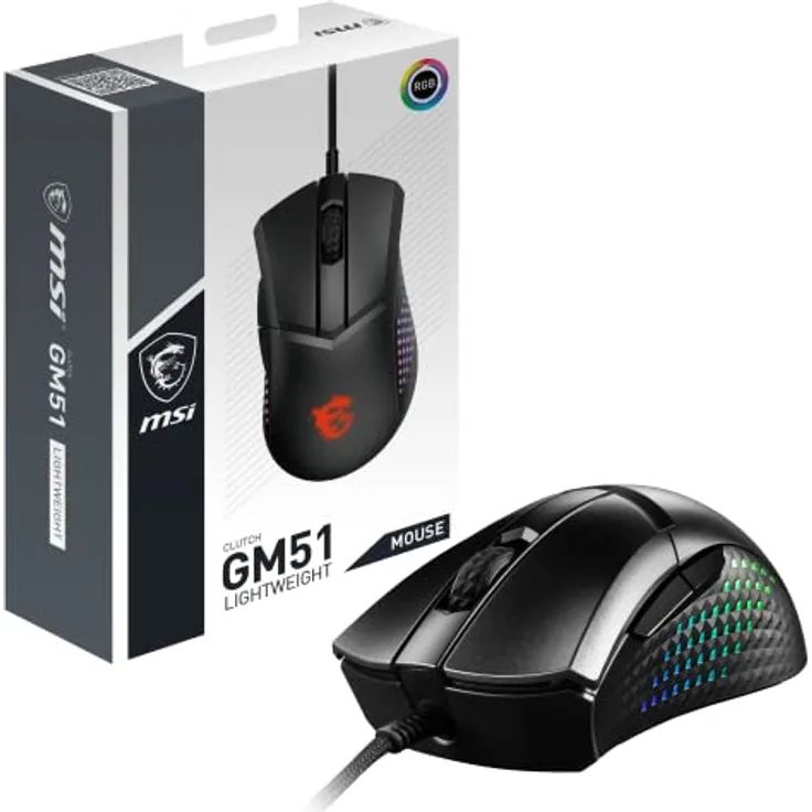 MSI Clutch GM51 Lightweight Gaming Maus - 26.000 DPI Optischer Sensor, 650 IPS, symmetrisch, 60Mio+ Click OMRON-Switches, FriXionFree Kabel, 8000Hz Abtastrate, 0,125ms Latenz, RGB Mystic Light, 75g