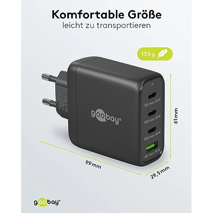 goobay 64819 USB C PD 4-Fach Multiport Schnellladegerät (65W) / 1x USB A 3X USB C Eingang/Power Delivery/Netzteil für Ladekabel vom iPhone und Anderen Handys/Handy Ladegerät/schwarz – Bild 3
