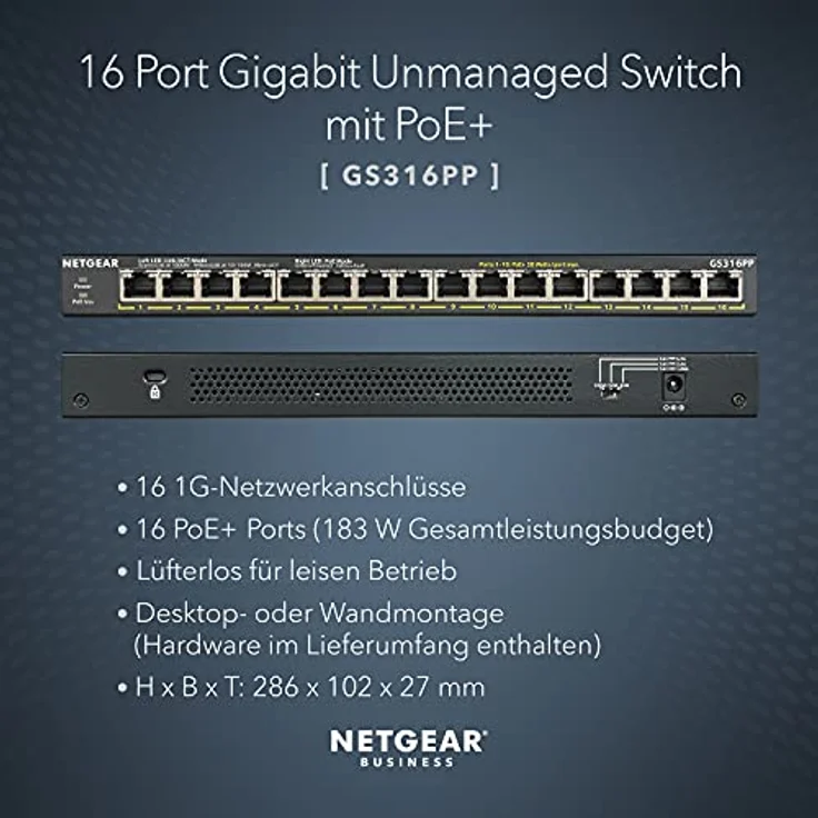 NETGEAR GS316PP 16-Port Gigabit Ethernet LAN PoE Switch (mit 16x PoE+ 183W, Plug-and-Play, Desktop- oder Rack-Montage, robustes und lüfterloses Metallgehäuse) – Bild 2