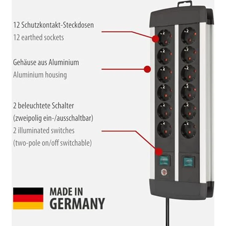 Brennenstuhl Premium-Alu-Line, Steckdosenleiste 12-fach - Steckerleiste aus hochwertigem Aluminium (mit 2 Schaltern für je 6 Steckdosen und 3m Kabel, Made in Germany) silber-schwarz – Bild 2