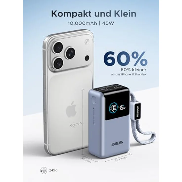 UGREEN 55W Power Bank 10000mAh mit integriertem Kabel, Mi Turbo Charge für Xiaomi, 45W PD Schnellladung, kompatibel mit iPhone 17/16/15, Galaxy S25 Ultra, kompakte AirPyra Tech – Bild 2