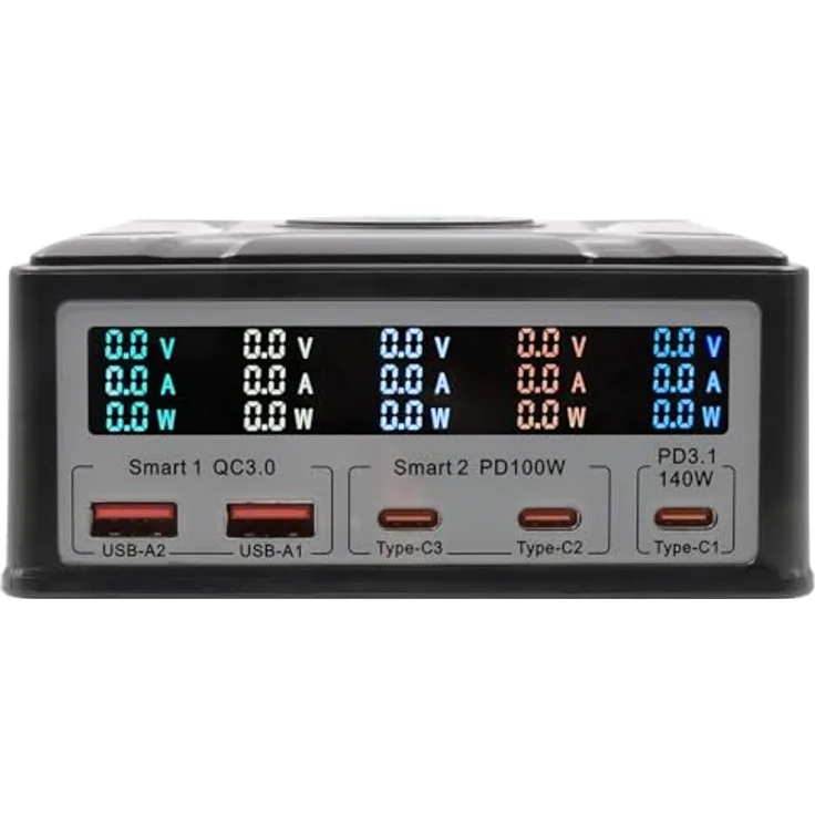 Exsys EX-1107 Multiport High Power Charger, 260W mit QI 15W und USB-C PD, 6 Geräte gleichzeitig ladefähig, Display mit Ladeinfos