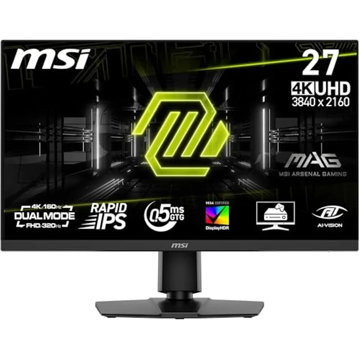 MSI MAG 272URDF E16 Gaming Monitor 27 Zoll UHD, Rapid IPS Panel, 3840x2160, 0,5ms Reaktionszeit, DisplayHDR 400, AI Vision, verstellbar, Schwarz – Bild 1