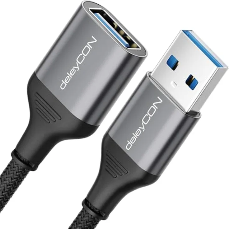 deleyCON 0,5m USB 3.0 Verlängerungskabel, 5Gbps, A-Stecker auf A-Buchse, Aluminium Stecker, Nylon Kabel, Datenkabel für Tastatur, Drucker, Scanner, Kamera