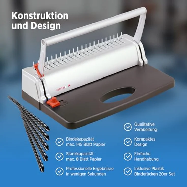 Genie CB 800 Spiralbindegerät (bis 145 Blatt, DIN A4, Inkl. Plastikbinderücken-Set) silber-schwarz – Bild 7