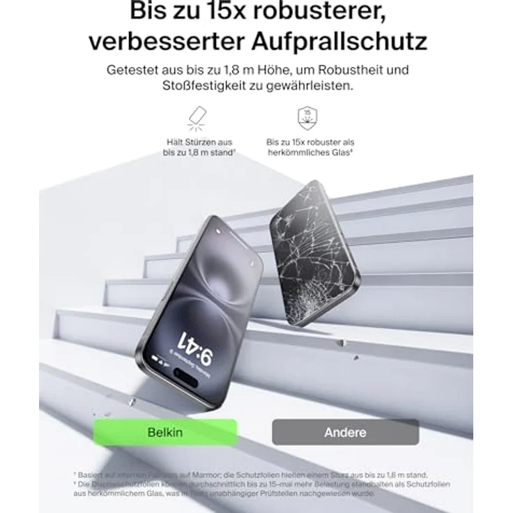 Belkin ScreenForce TemperedGlass Schutzfolie für iPhone 17 + iPhone 16 Pro, 9H Kratzfest, 0,33 mm Dünn, Blasenfreie Anbringung, 2er-Pack mit Positionierungsrahmen – Bild 3