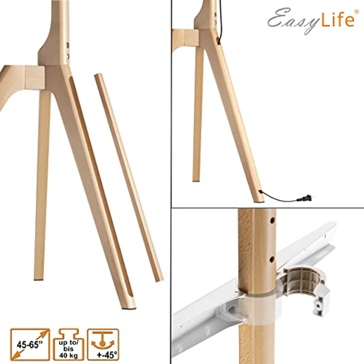 EasyLife - TV Stativ Holz Staffelei Tripod - Studio TV Stand bis 65'' Zoll & 40 kg Fernseher/Monitor, schwenkbar, höhenverstellbar, Kabel Management, VESA bis 400x400 (Schwarz/Nussbaum) – Bild 5