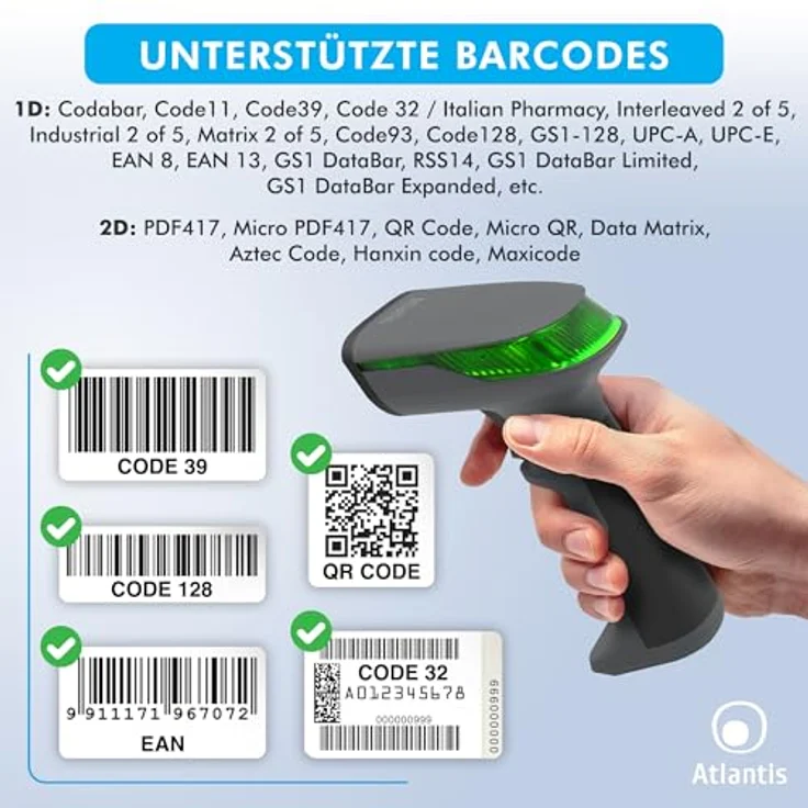 Atlantis A08-LD230P-2D-W Barcode-Scanner, Wireless 1D/2D, 60 fps, 640x480, liest Barcodes von Displays, 2600mAh Akku, IP54, USB-Anschluss – Bild 5