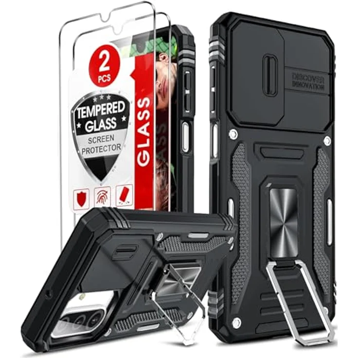 LeYi Handyhülle für Samsung Galaxy A26 5G, Militär Standard Hülle mit 2 Glasfolien, Kameraschutz und Metall Ring Halter, Outdoor kratzfest, Schwarz – Bild 1