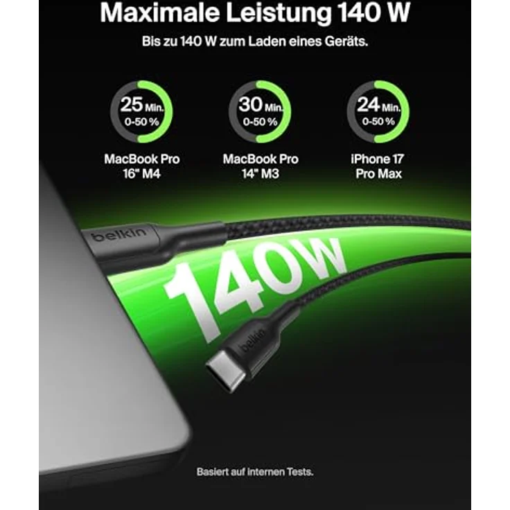 Belkin BoostCharge Pro 2-in-1 USB-C auf USB-C Ladekabel 140 W, geflochtenes Kabel mit Smart Power Sharing und 1,5 m Länge, schwarz – Bild 3