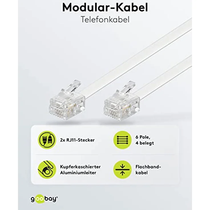 Goobay 93067 Modularanschlusskabel 3 Meter, Weiß - RJ11/RJ14-Stecker (6P4C) auf RJ11/RJ14-Stecker (6P4C) – Bild 2