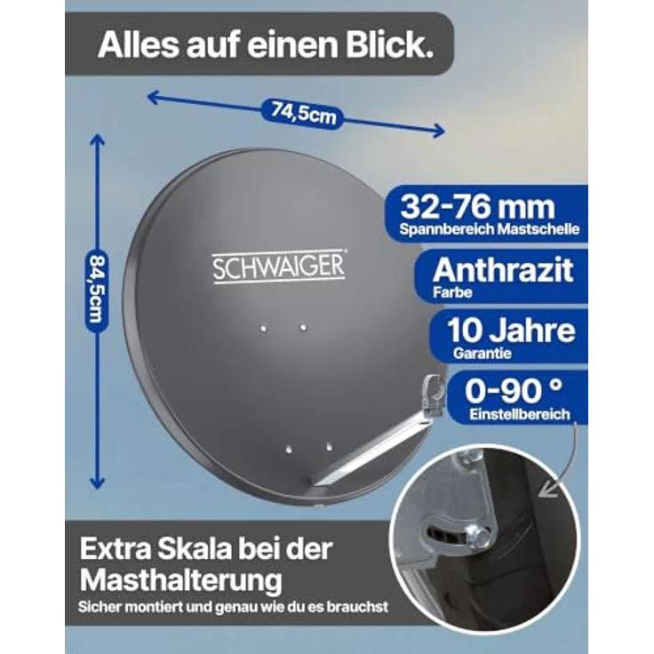 Schwaiger Aluminium Satellitenschüssel 80 cm, Anthrazit, Offset Antenne mit hoher Empfangsreserve und LNB Tragarm – Bild 5
