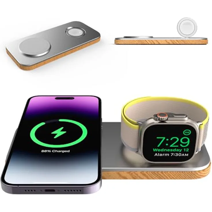 CubeNest Cubenest 2in1 Magnetisches kabelloses Ladegerät Kompatibel mit MagSafe Technologie - Schnellladefunktion Kompatibel mit Apple Watch 7-9 und Ultra 1-2, iPhone 12-15, AirPods 2/3/Pro, Qi-Geräte (Silver)