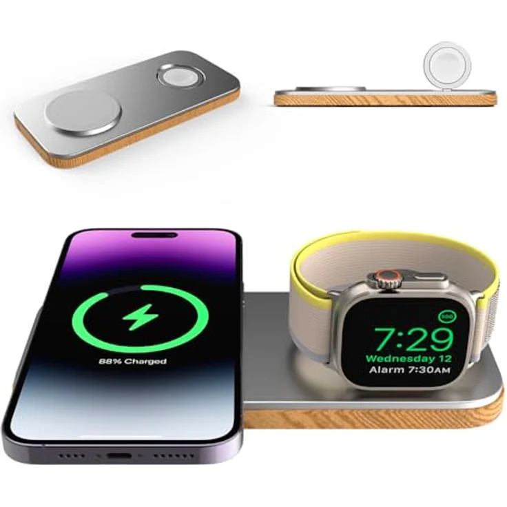 CubeNest Cubenest 2in1 Magnetisches kabelloses Ladegerät Kompatibel mit MagSafe Technologie - Schnellladefunktion Kompatibel mit Apple Watch 7-9 und Ultra 1-2, iPhone 12-15, AirPods 2/3/Pro, Qi-Geräte (Silver) – Bild 1