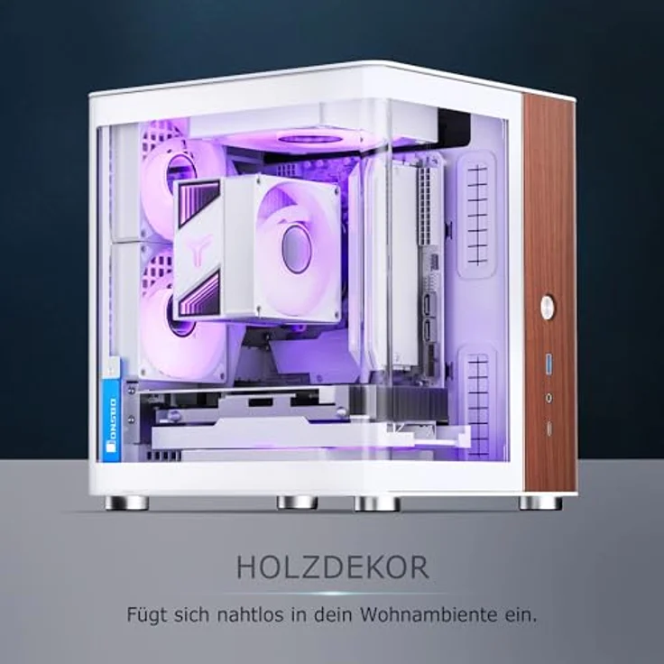 Jonsbo TK-0 Mini ITX Case weiß - ITX Gehäuse mit Tempered Glass, Mini PC Gehäuse Holz, SFF Case für Grafikkarten bis 230mm, USB C am Frontpanel, 90 Grad Drehbarkeit – Bild 4