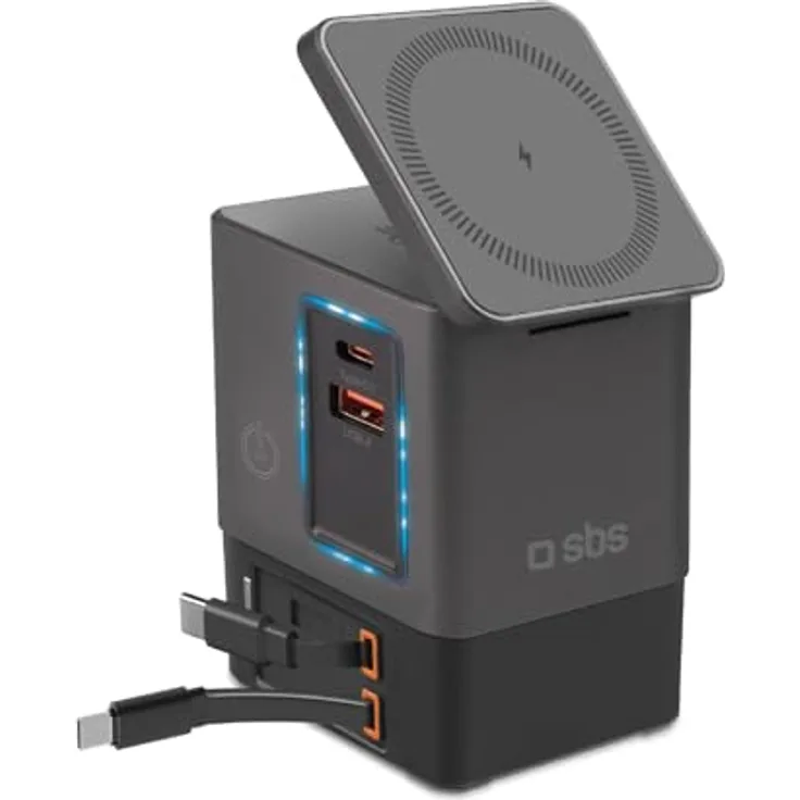 SBS Power Dock 6in1, 100 W USB-C Charging Station mit kabellosem Laden 15 W, kompatibel mit MagSafe, zwei einziehbaren Kabeln, Schwarz