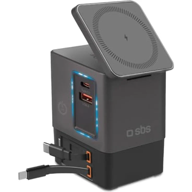 SBS Power Dock 6in1, 100 W USB-C Charging Station mit kabellosem Laden 15 W, kompatibel mit MagSafe, zwei einziehbaren Kabeln, Schwarz – Bild 1