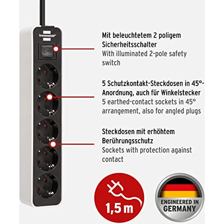 Brennenstuhl Ecolor Steckdosenleiste 5-fach (Steckerleiste mit Schalter und 1,5m Kabel) schwarz-weiß – Bild 2