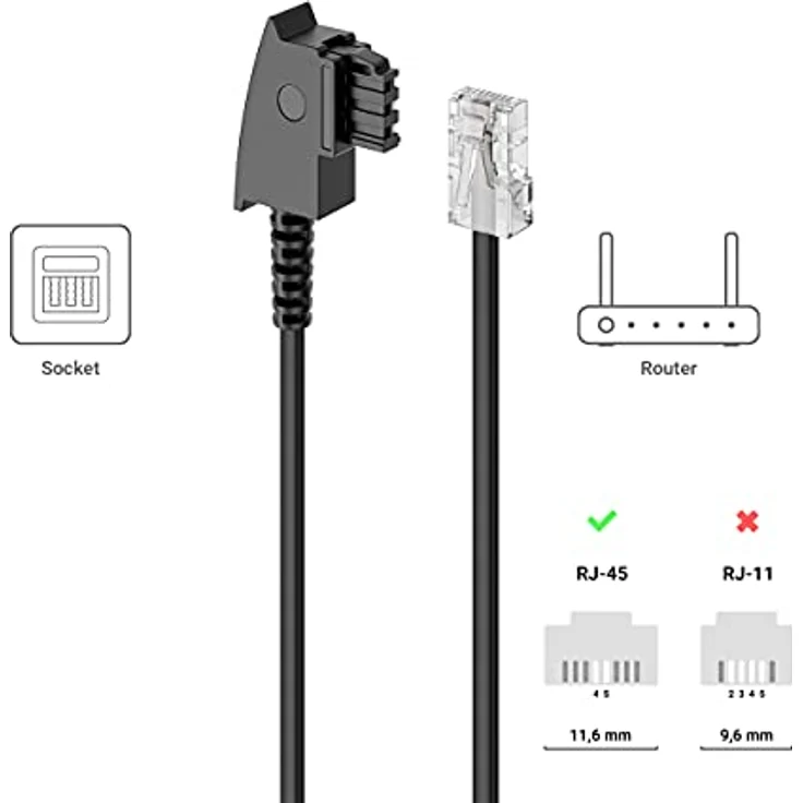 deleyCON 20m Routerkabel TAE-F auf RJ45 (8P2C), flexibles Anschlusskabel für DSL ADSL VDSL Router, kompatibel mit Fritzbox - Schwarz – Bild 2