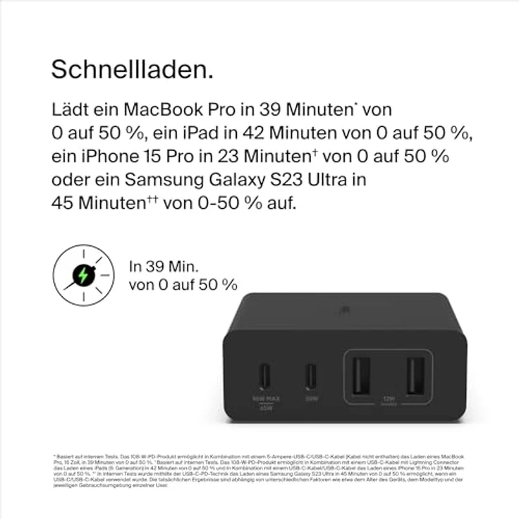 Belkin 108-W-GaN-USB-Ladestation, schnelles Ladegerät mit 2x USB-C und 2x USB-A, Dock/Hub für MacBook, Pro, Air, iPhone, iPad, Galaxy - Schwarz – Bild 5
