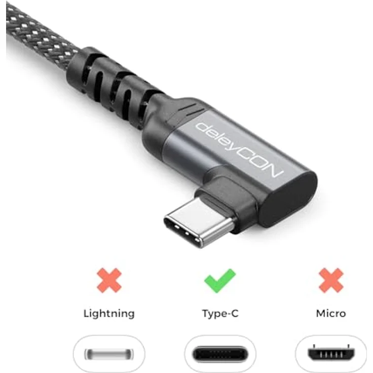 deleyCON 0,5m USB-C Kabel gewinkelt 90° (60W Schnellladekabel) mit PD 3.0 für iPhone 17/16/15, Galaxy A16/A56/S25/S24/S23, Pixel, iPad, MacBook, robustes Nylon mit Knickschutz – Bild 4