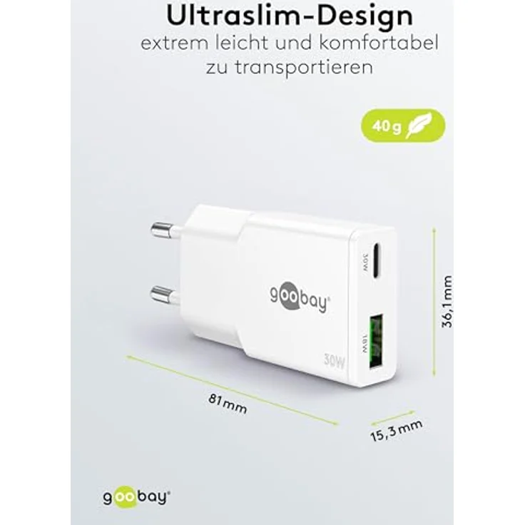 goobay USB-C Ladegerät 30W, Ultra Flaches GaN Netzteil mit Dual Port, Power Delivery & Quick Charge, Slim Ladeadapter für iPhone, Samsung Galaxy, iPad – Weiß – 75738 – Bild 3