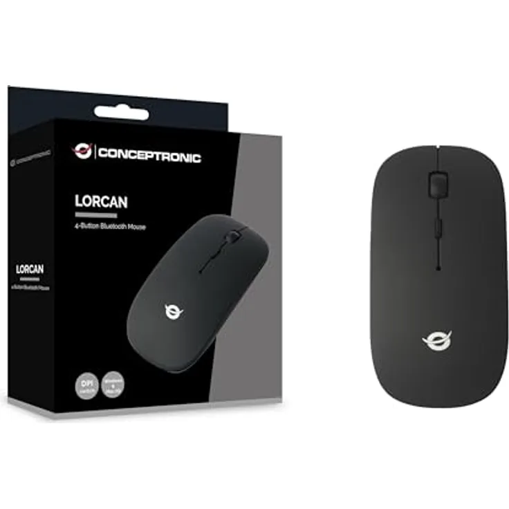 Conceptronic LORCAN01B 4-Tasten-Bluetooth-Maus, drahtlose Bluetooth 5.0-Konnektivität, DPI-Schalter (800/1200/1600), für Links- und Rechtshänder, gummierte Oberfläche
