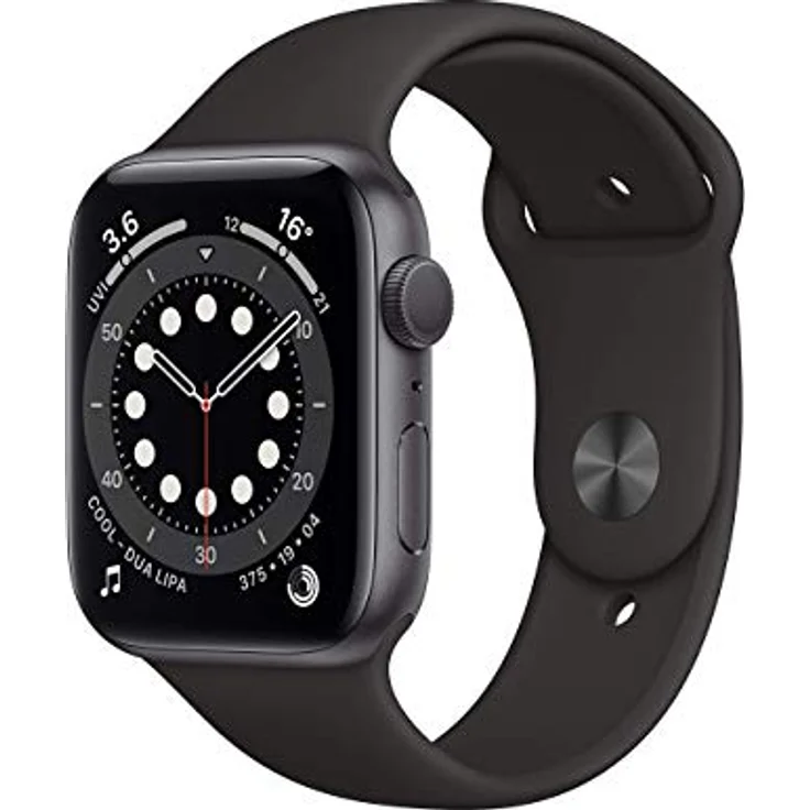Apple Watch Series 6, GPS-Modell 44MM mit Aluminiumgehäuse in Space Grau und Schwarz Sportarmband, Always On Display, EKG- und Blutsauerstoffmessung – Bild 1