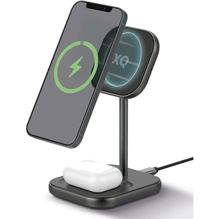 XQISIT Charging Station 2in1 | magnetische Ladestation für kabelloses Laden, Magsafe Compatible | u.A. für viele iPhone-, Samsung-, Google Pixel- & Huawei-Modelle | aus hochwertigem Aluminium, 20Watt