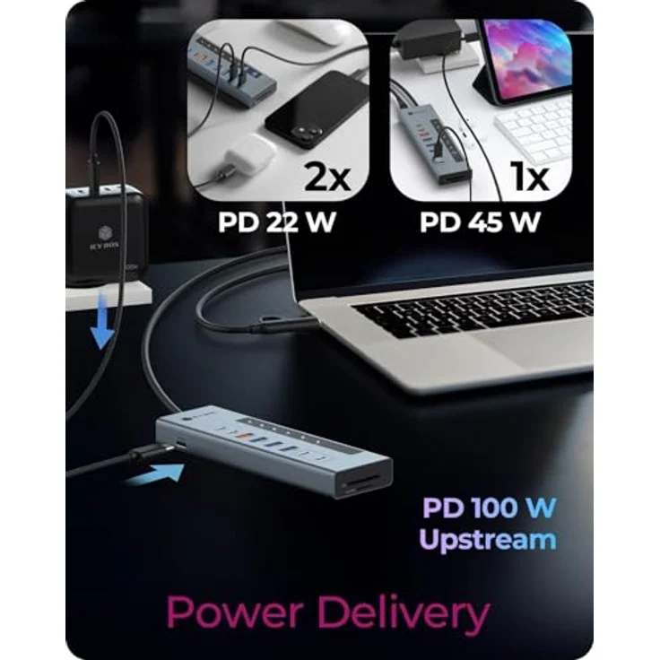 ICY Box IB-HUB1742CR-C2PD, 11-in-1 USB-C Hub mit 2x USB-C (10 Gbit/s), 4x USB-A (5/10 Gbit/s), 100 W PD, SD/microSD UHS-I Kartenleser, Aluminiumgehäuse – Bild 5