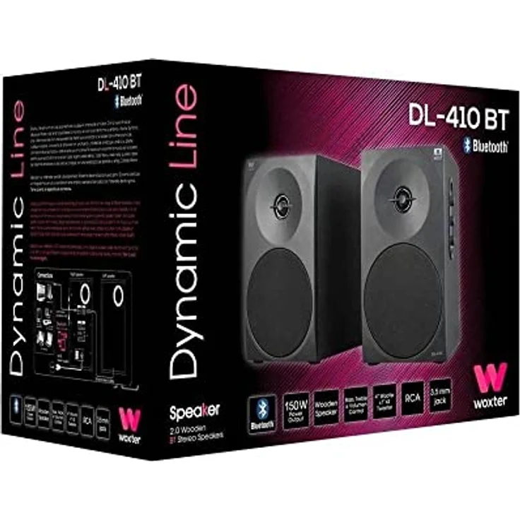 Woxter Dynamic Line 410 BT - Stereo 2.0 (150W Leistung, Bluetooth, Holz, 4, Woofer, 2 Hochtöner, 3,5 mm, RCA, Bassreflex-Control (Lautstärke, Höhen, Bass) Lautsprecher, Schwarze Farbe – Bild 7