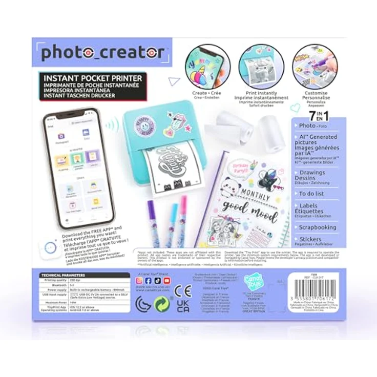 Canal Toys - Photo Creator CLK017 Taschen-Drucker Set für Smartphone mit Markern, Stickern und Thermopapier-Rollen für Instant-Druck, Blau – Bild 3