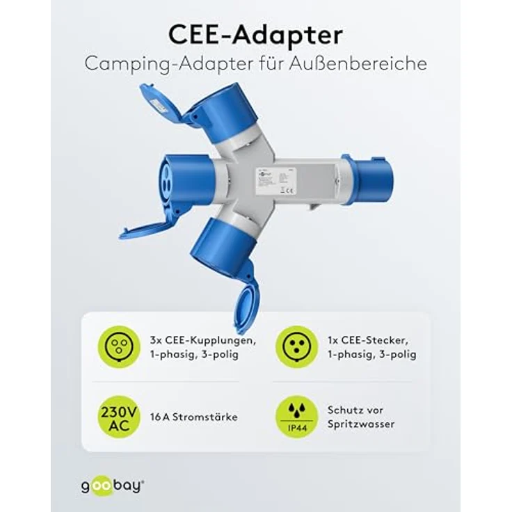 goobay CEE-Adapter 76237, CEE-Stecker auf 3 x CEE-Buchse, wasserdicht IP44, tragbar mit Schutzabdeckung für Wohnwagen und Wohnmobile – Bild 2