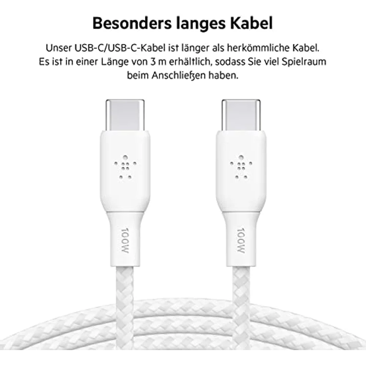 Belkin BOOST CHARGE USB-C/USB-C Kabel 100W, 3m, geflochten, weiß, hohe Datenübertragungsrate bis 480 Mbps – Bild 7