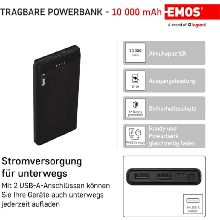 EMOS Alpha Slim Powerbank 10000mAh mit USB-C und Micro USB Kabel, Externer Akku-Ladegerät mit PASSthrough, Ausgang 2X USB, Eingang Micro USB, Auto ON-Off, für Handy, Tablet, iPhone, Galaxy, Huawei – Bild 3
