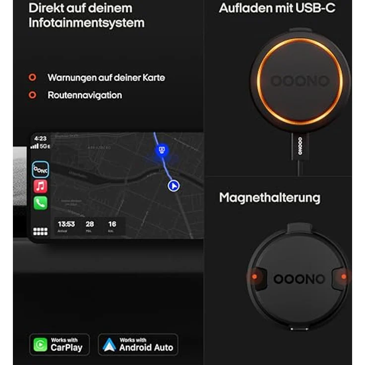 OOONO CO-Driver NO2 [NEUES Modell 2025], Wiederaufladbarer Warn- und Infogerät fürs Auto, akustische und visuelle Echtzeit-Warnungen, LED-Anzeige, kompatibel mit Apple CarPlay & Android Auto – Bild 4