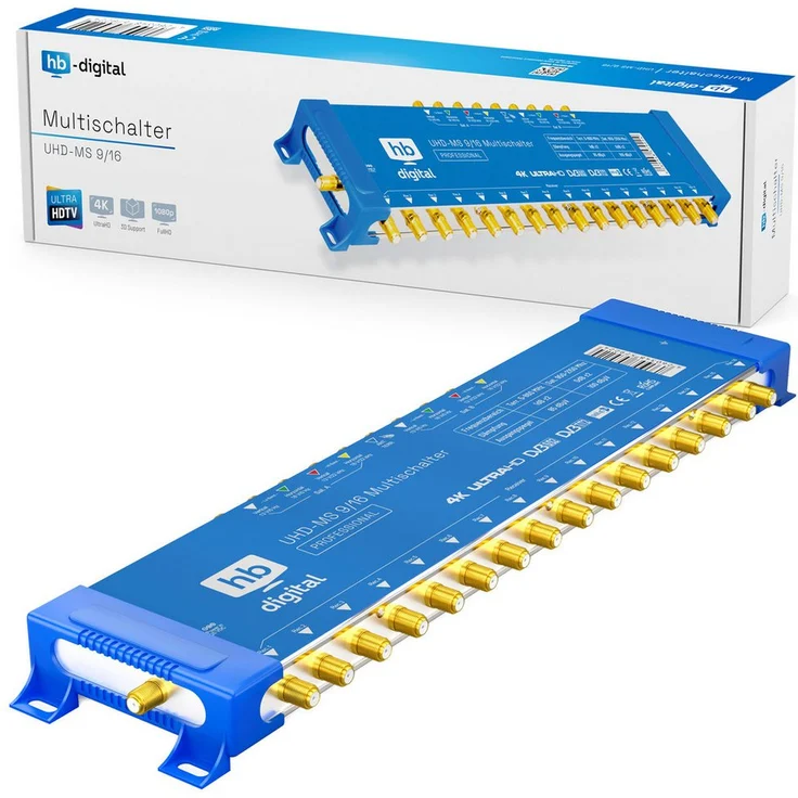 HB-DIGITAL SAT-Multischalter UHD-MS 9/16, Multischalter für bis zu 16 Teilnehmer, 2 x UNIVERSAL-QUATTRO-LNBFs, vergoldete F-Anschlüsse, geeignet für 4K UHD und 3D