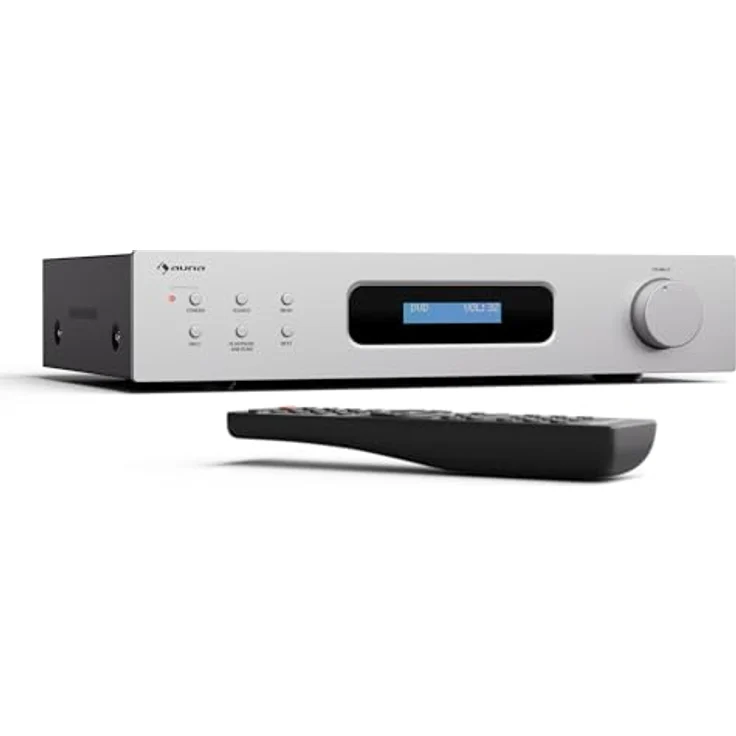 Auna Art22 Verstärker HiFi Stereo, 2x60 W, Bluetooth, DAB+ Radio, FM-Tuner, CD/DVD-Wiedergabe, optische & koaxiale Eingänge, Fernbedienung, kompaktes Design, Weiß-Silber – Bild 2