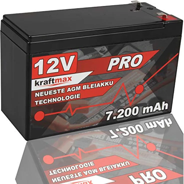 Kraftmax Industrial Pro Bleiakku 12V / 7,2Ah AGM, Hochleistungs-Bleiakku mit Faston 6,3mm Anschluss, wartungsfrei und schnellladefähig
