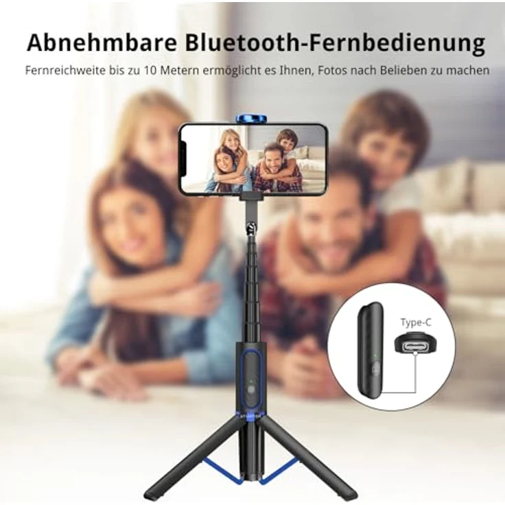 ATUMTEK 3-in-1 Selfie Stick Stativ, Ausziehbares Aluminium Handy Stativ mit kabelloser Bluetooth-Fernbedienung, kompatibel mit iPhone 17/16/15/14/13/12 mini/11 Pro und Samsung Smartphones, Blau – Bild 4