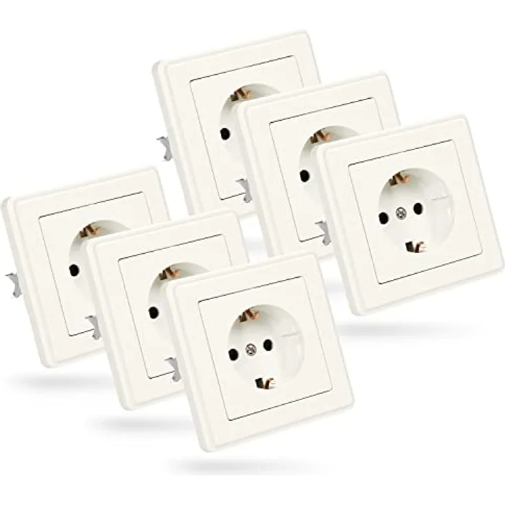 ABSINA 6x Steckdosen Set komplett für Unterputz - Steckdose Set weiß 250V AC, 16A, IP20 inkl. Rahmen, Unterputz Einsatz & Abdeckung - Unterputz Steckdose, Schutzkontakt, Kunststoff, bruchsicher