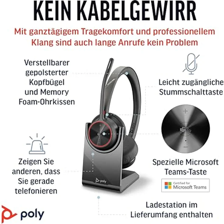 Poly Voyager 4320 UC-Headset, Schnurlos mit Noise Cancelling-Mikrofon, Bluetooth, kompatibel mit Teams und Zoom, inklusive Ladestation und Tragetasche – Bild 2