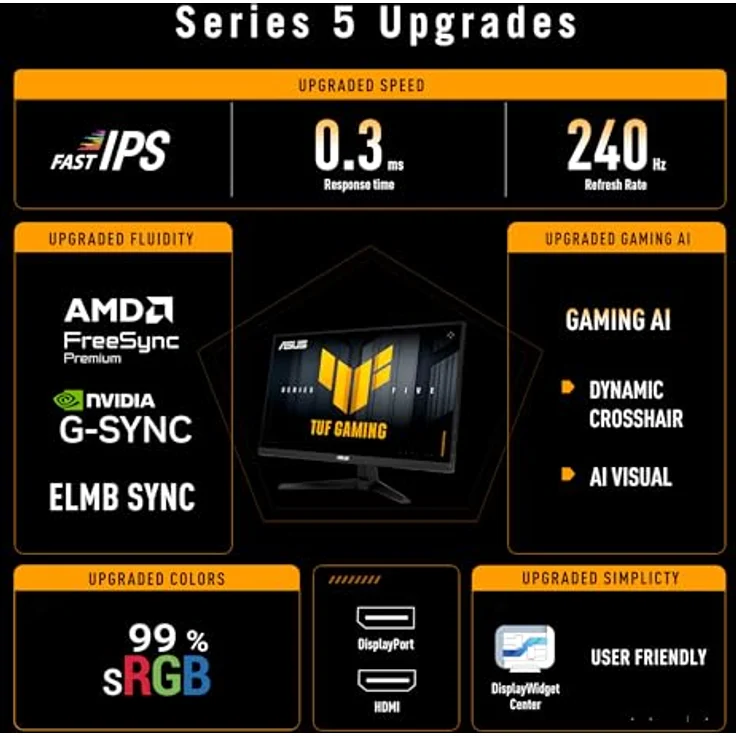ASUS TUF Gaming VG259QM5A, 25 Zoll Full HD Monitor mit 240 Hz, 0,3 ms GtG, G-Sync, FreeSync, Fast-IPS Panel, HDR10, DisplayPort und HDMI – Bild 2